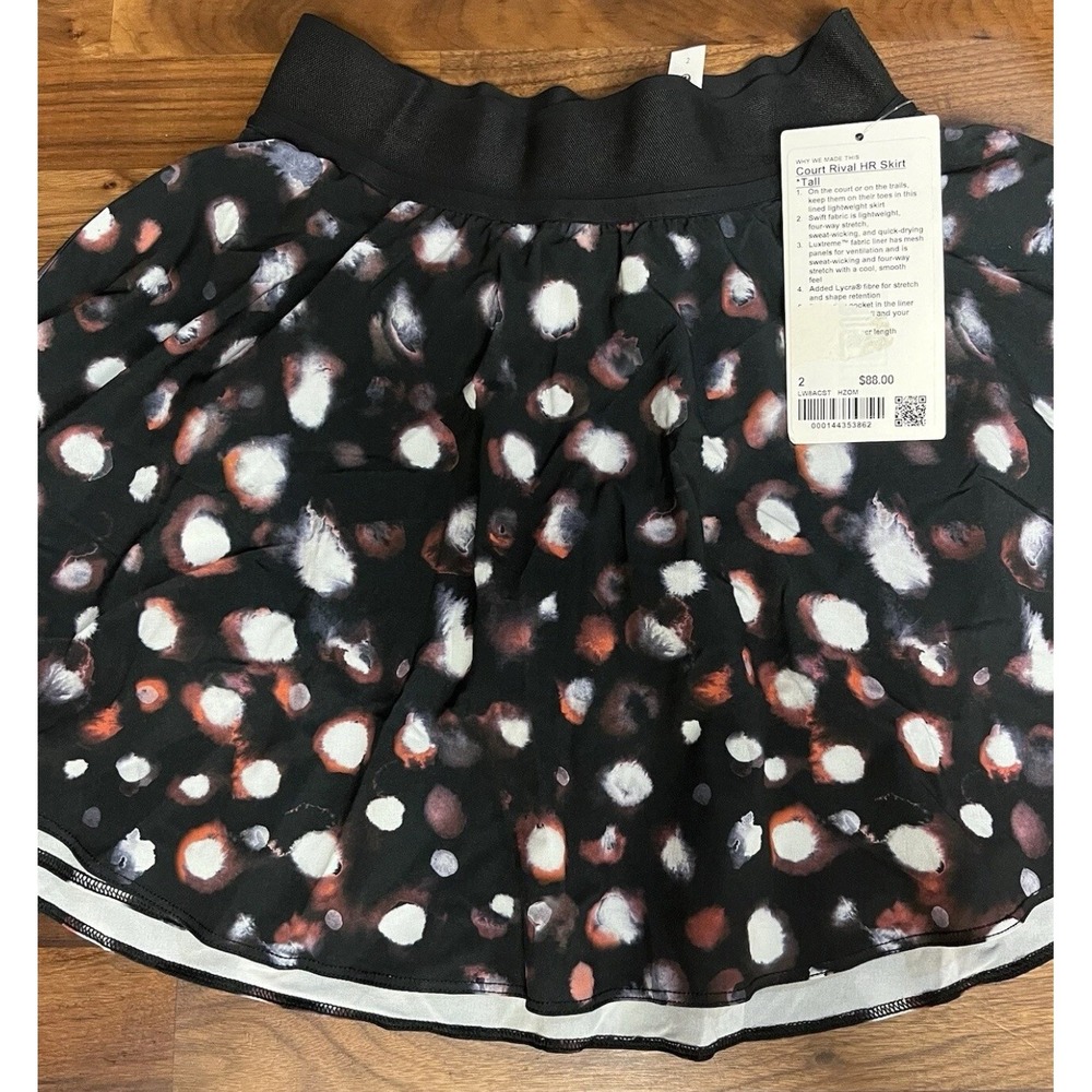 Lululemon Court Rival HR Skirt Tall Womens 2 Black Dot Print Athletic Tennis NWT